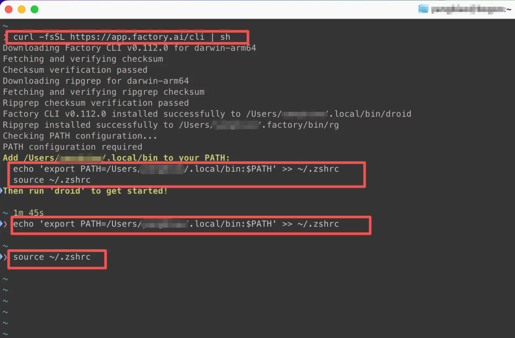 macOS 安装 Droid CLI 后的提示,按提示把 .local/bin 加入 PATH